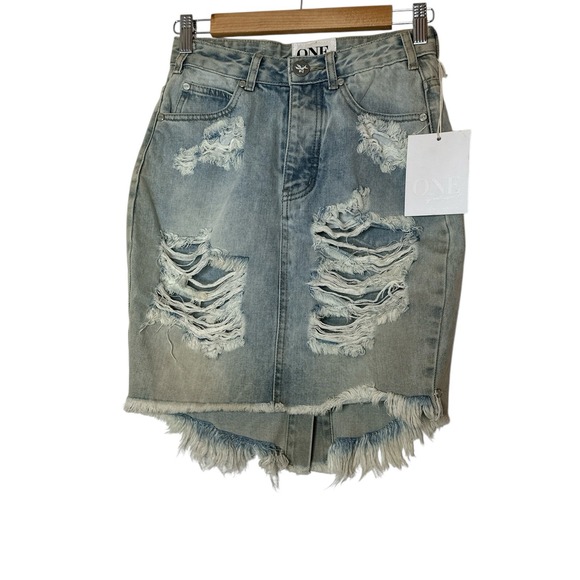 One by One Teaspoon Distressed Skirt Women 24 Denim Cotton Casual Button Fly New - Picture 6 of 11